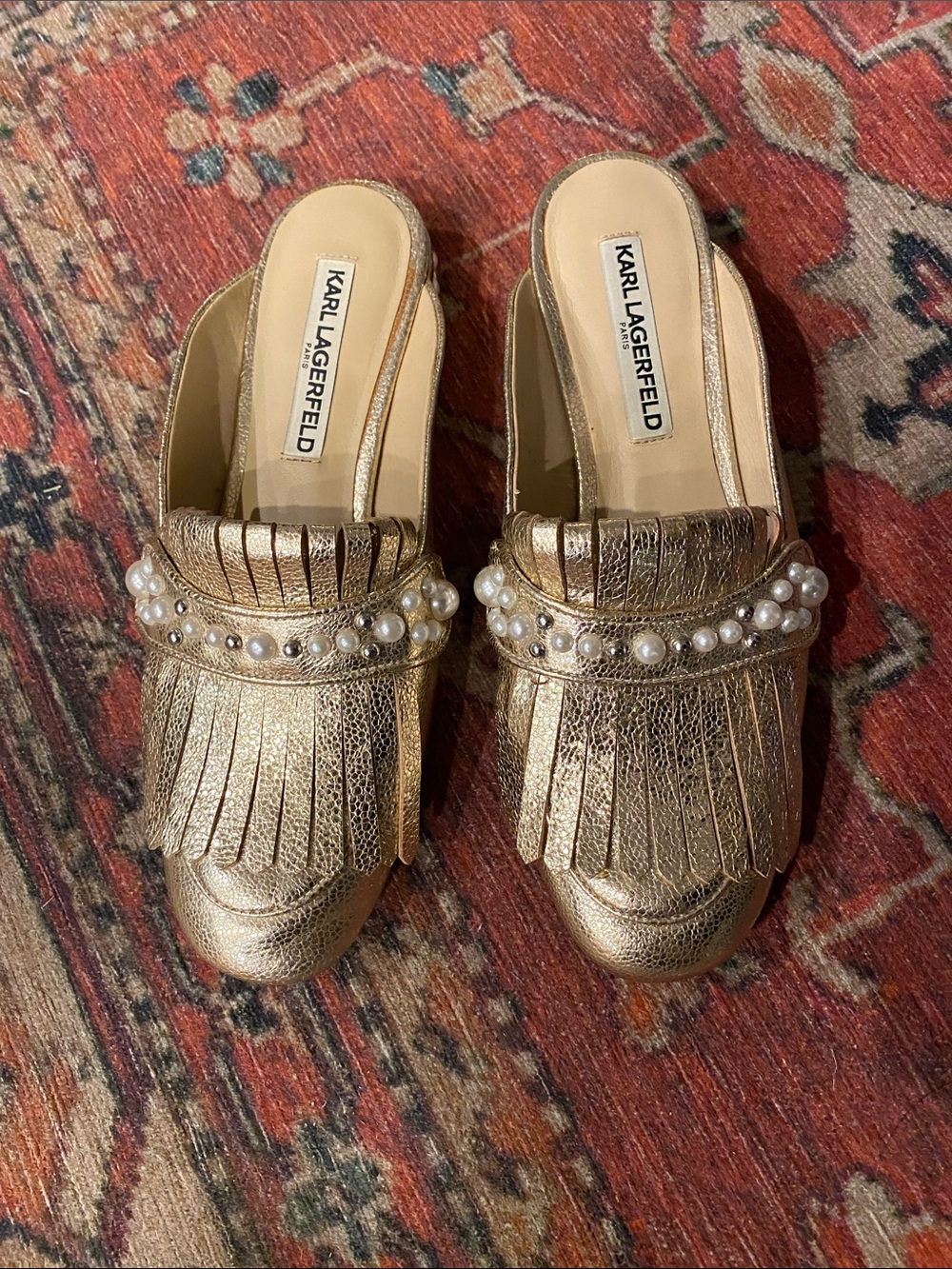Karl Lagerfeld Gold Pearl-Trim Fringe Mules